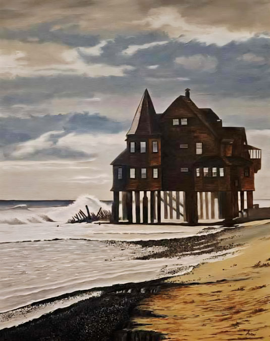 Victorian beach house on stilts under stormy sky