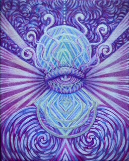 Abstract purple and blue geometric mandala with eye