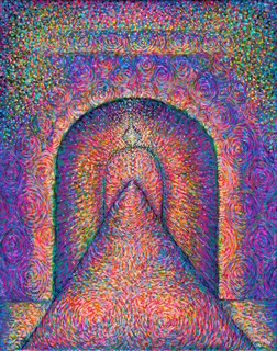 Colorful abstract kneeling figure under arch