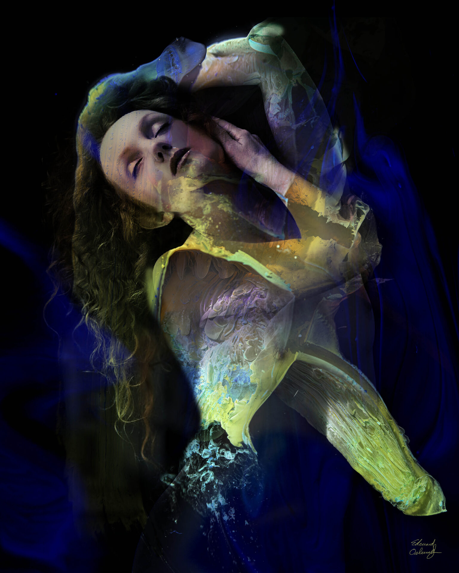 Surreal double-exposure woman with blue-yellow textures