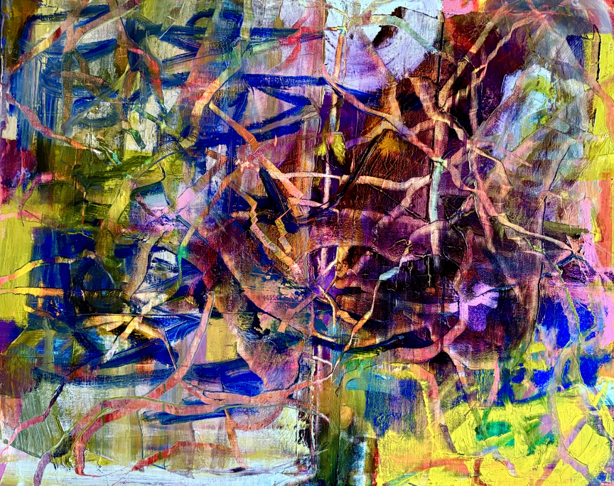Colorful abstract painting with layered textured lines