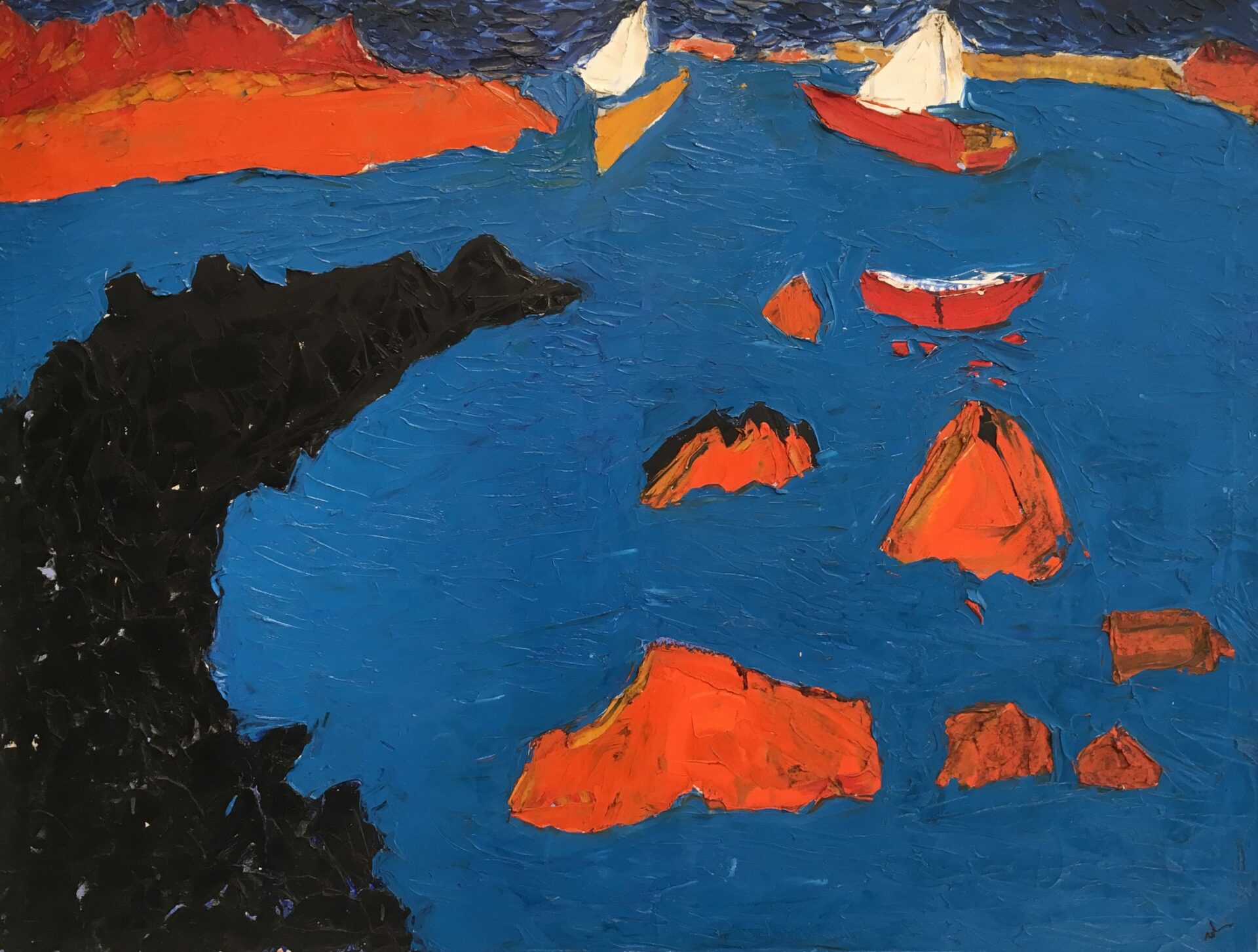 Abstract painting of blue sea, red rocks, boats