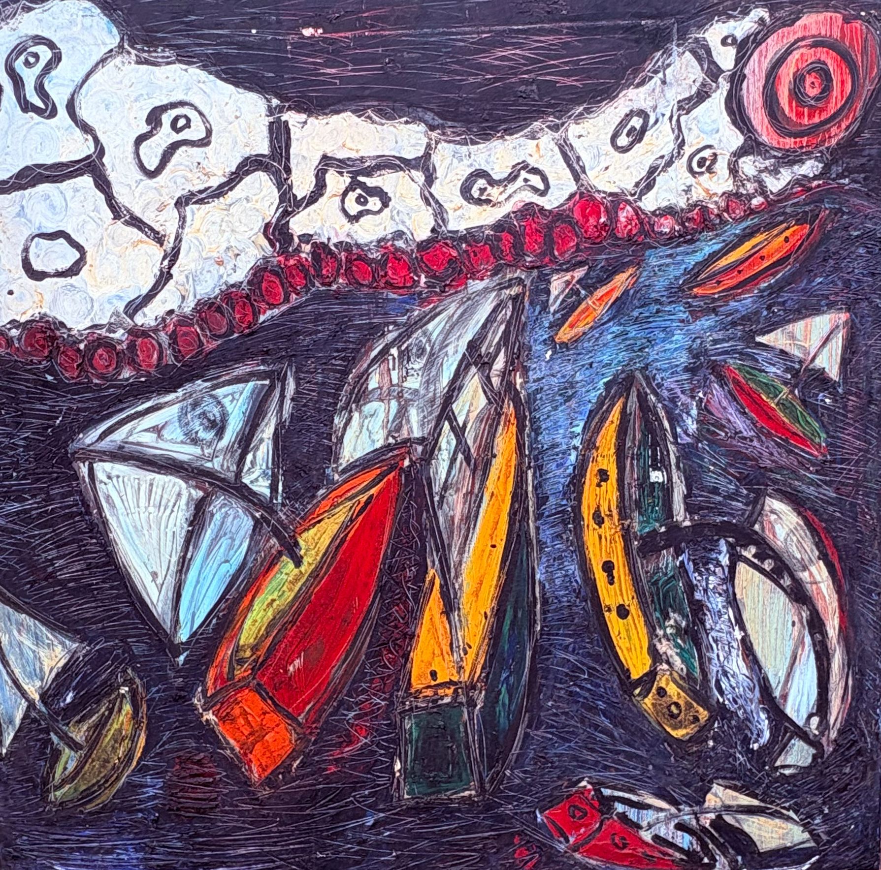 Abstract colorful sailboats beneath textured sky
