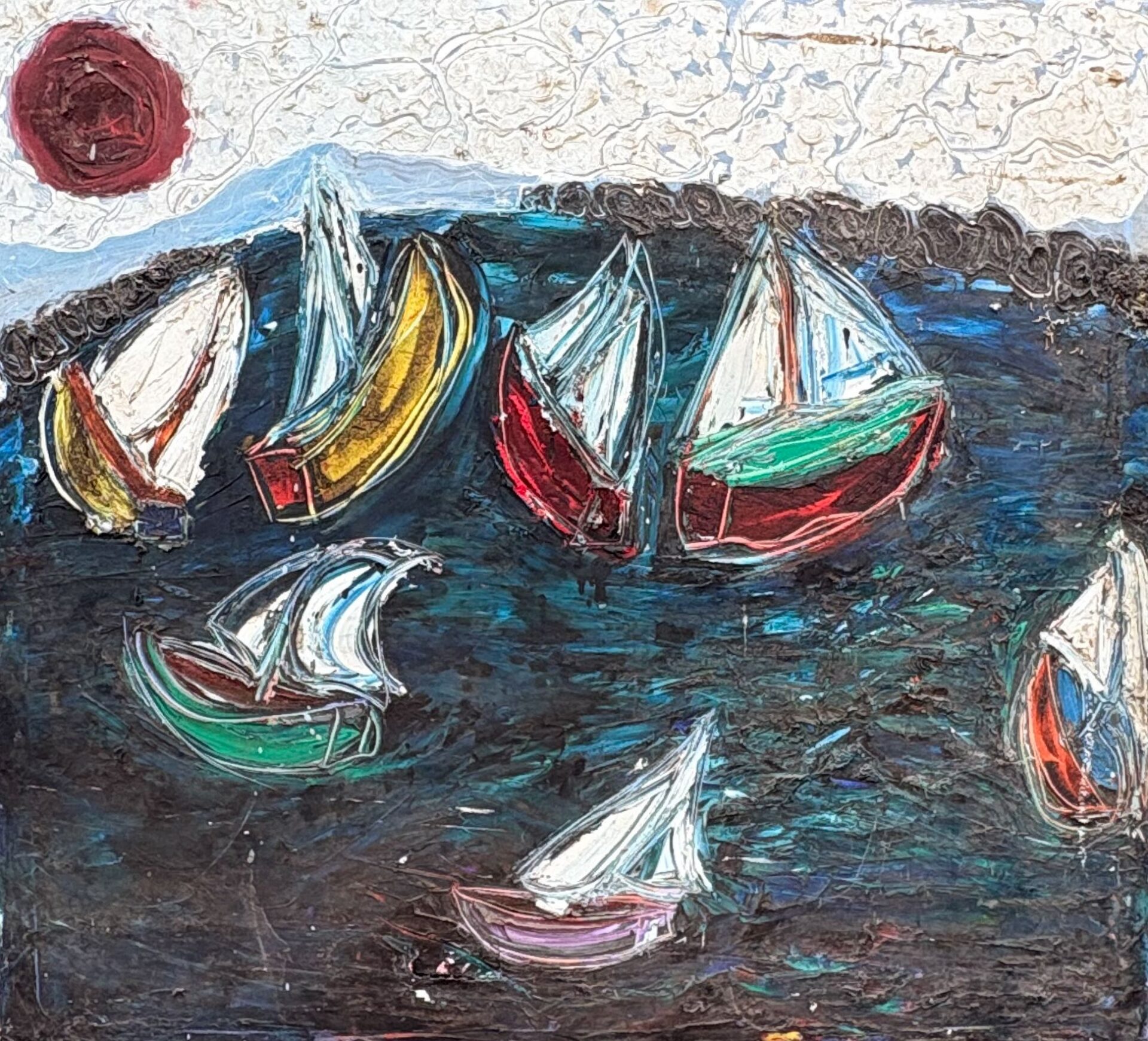 Textured painting of colorful sailboats at sea