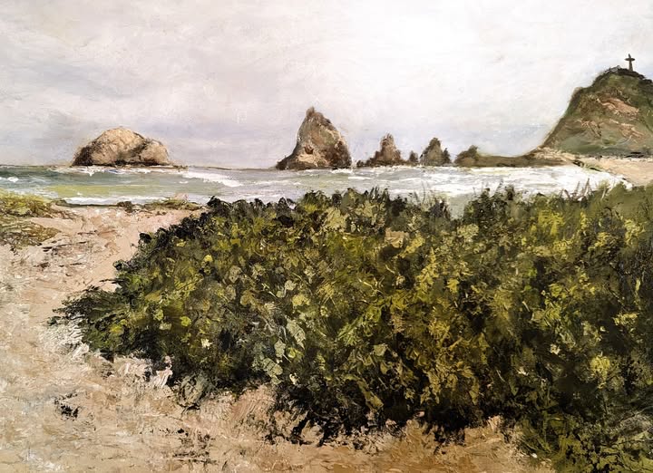 Painting of beach with shrubs and rocky islets