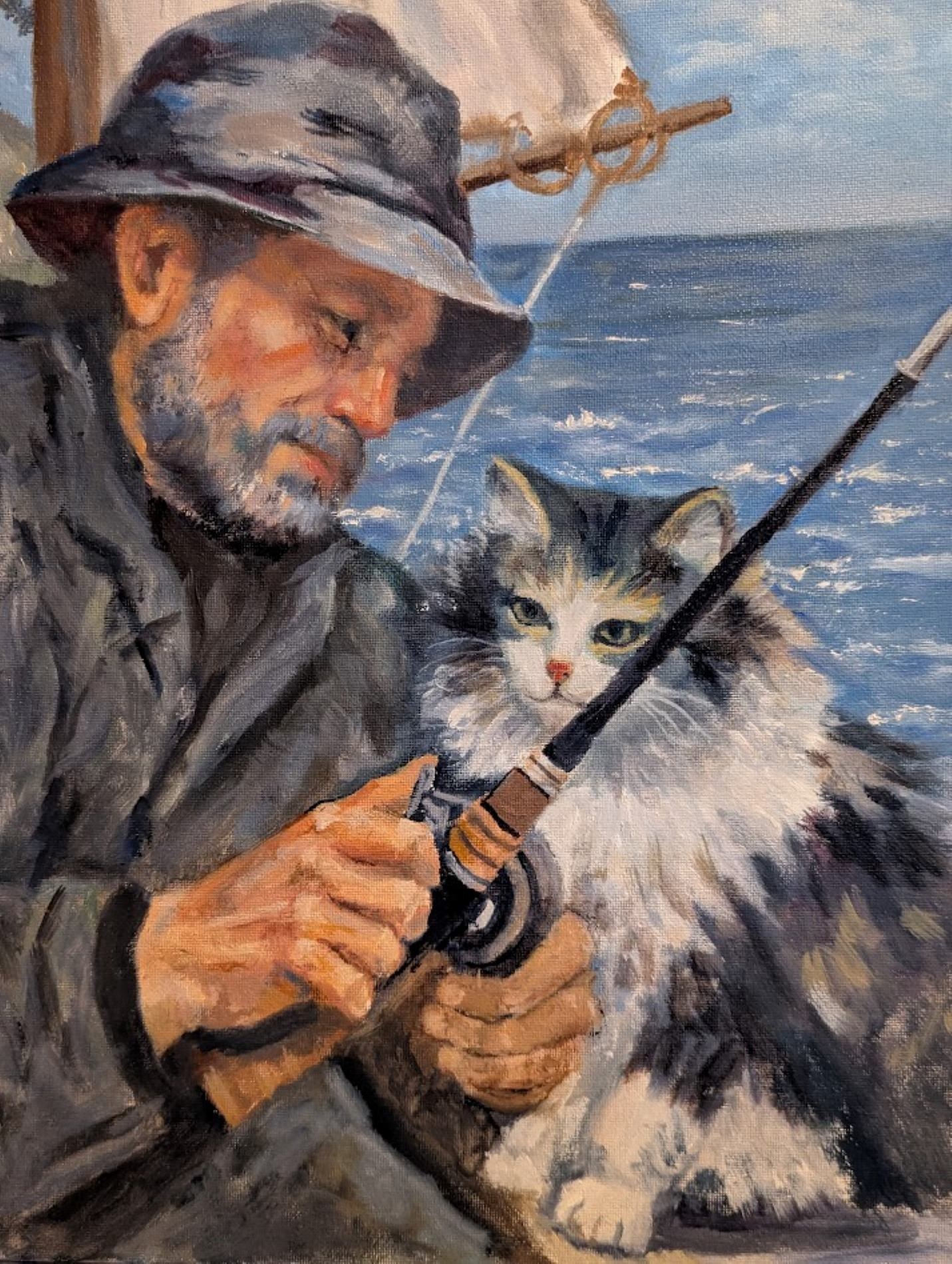 Fisherman and fluffy cat on fishing boat